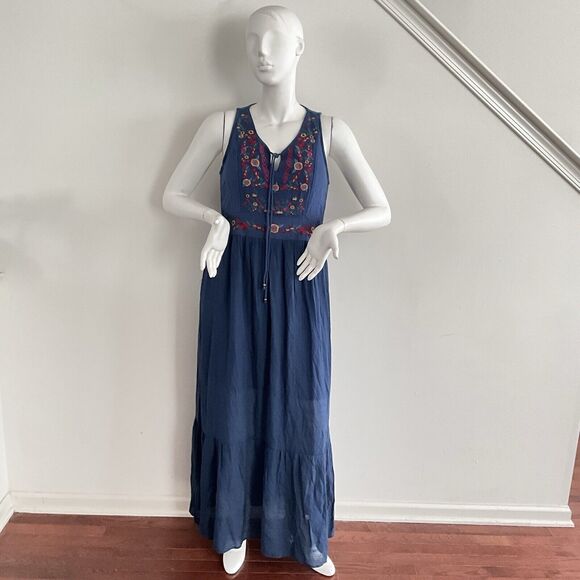 Umgee Blue Sleeveless Tiered Maxi Embroidered Bodice Vacation Dress M - Picture 11 of 12